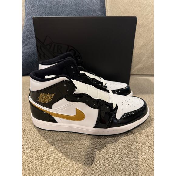 Sz 10 - Jordan 1 Mid Patent Black White Gold - Picture 5 of 7
